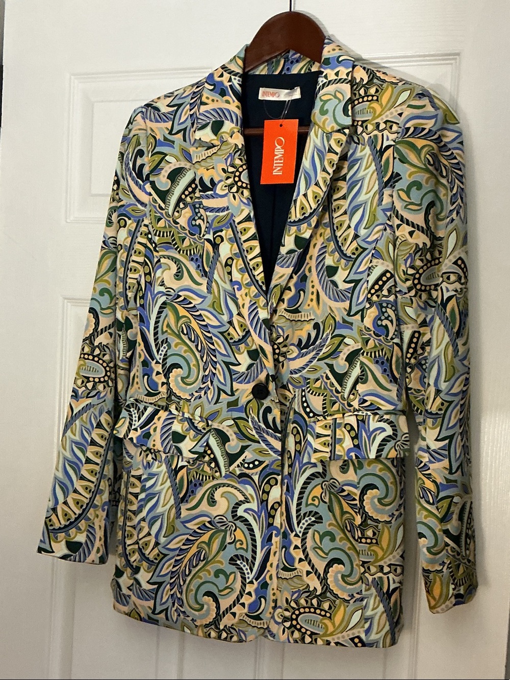 Women's Intempo Long Boyfriend Blazer Ninety Paisley Print Tailored Blazer.NWT
